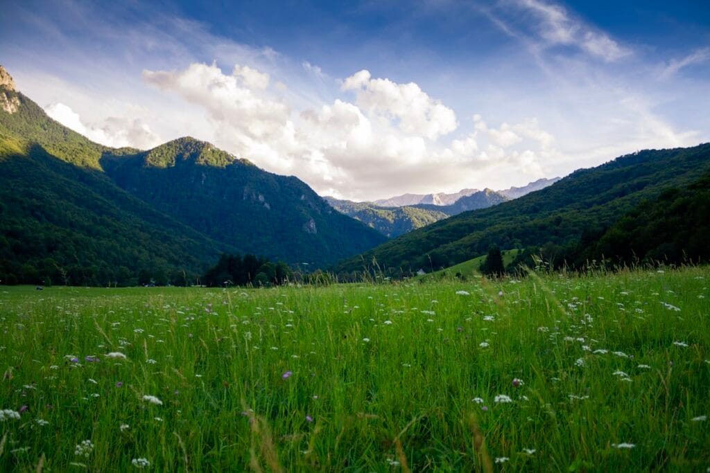 Fairy Meadows green alpine meadow below dramatic mountain peaks Pakistan