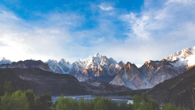 Spring blossom season across northern Pakistan valleys with Karakoram peaks