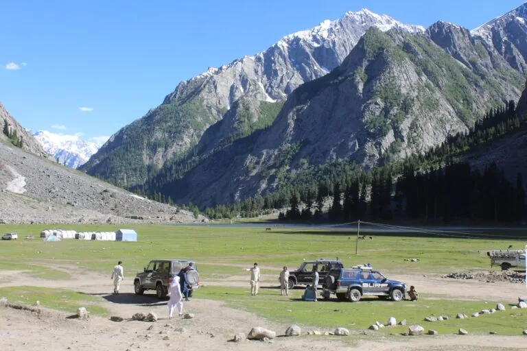4x4 jeep driving on mountain track along the Karakoram Highway Pakistan
