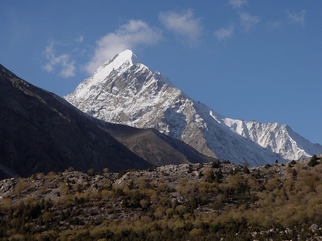 The Rupal Face of Nanga Parbat, the highest mountain face on earth, rising about 4,600 m above the Rupal Valley