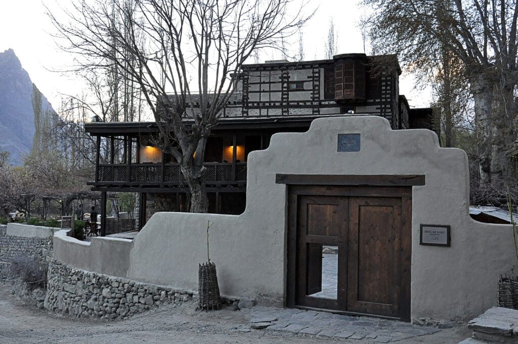 Stone and timber facade of the restored Shigar Fort in the Shigar Valley