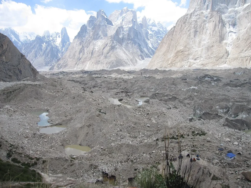 The Baltoro Glacier and Trango group seen from the Urdukas campsite on the trek in
