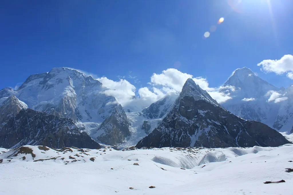 Broad Peak standing beside Gasherbrum IV at the head of the Baltoro Glacier