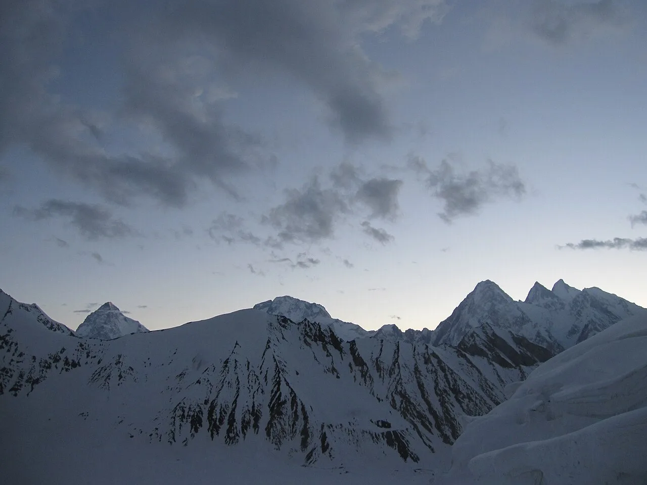 Dawn light on the Karakoram eight-thousanders viewed from Gondogoro Pass