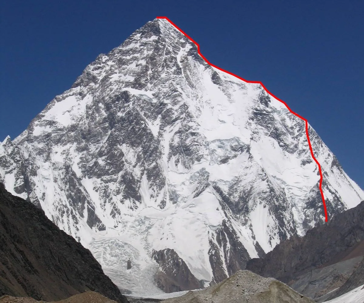 The Abruzzi Spur southeast-ridge route marked on the face of K2