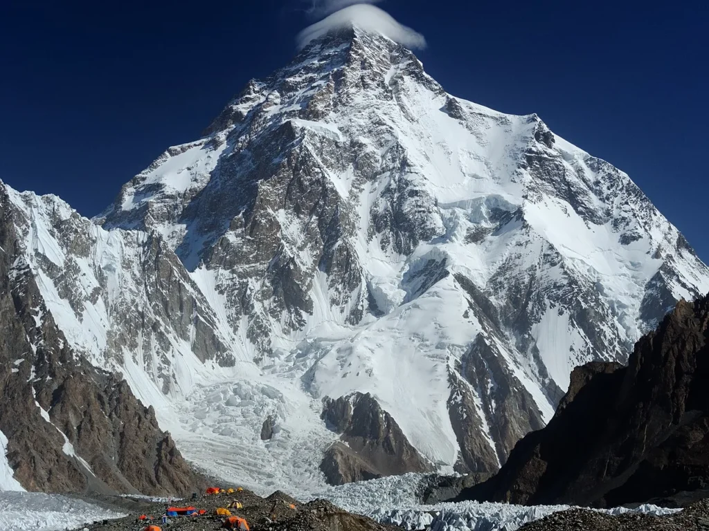The pyramid of K2, the worlds second-highest mountain at 8,611 m, rising at the head of the Godwin-Austen Glacier