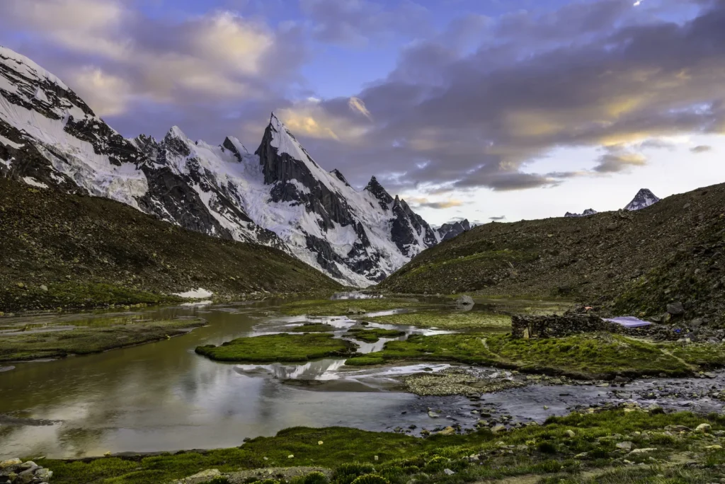 The spear-shaped summit of Laila Peak (approx. 6,096 m) rising above the Hushe Valley in the Karakoram, Gilgit-Baltistan