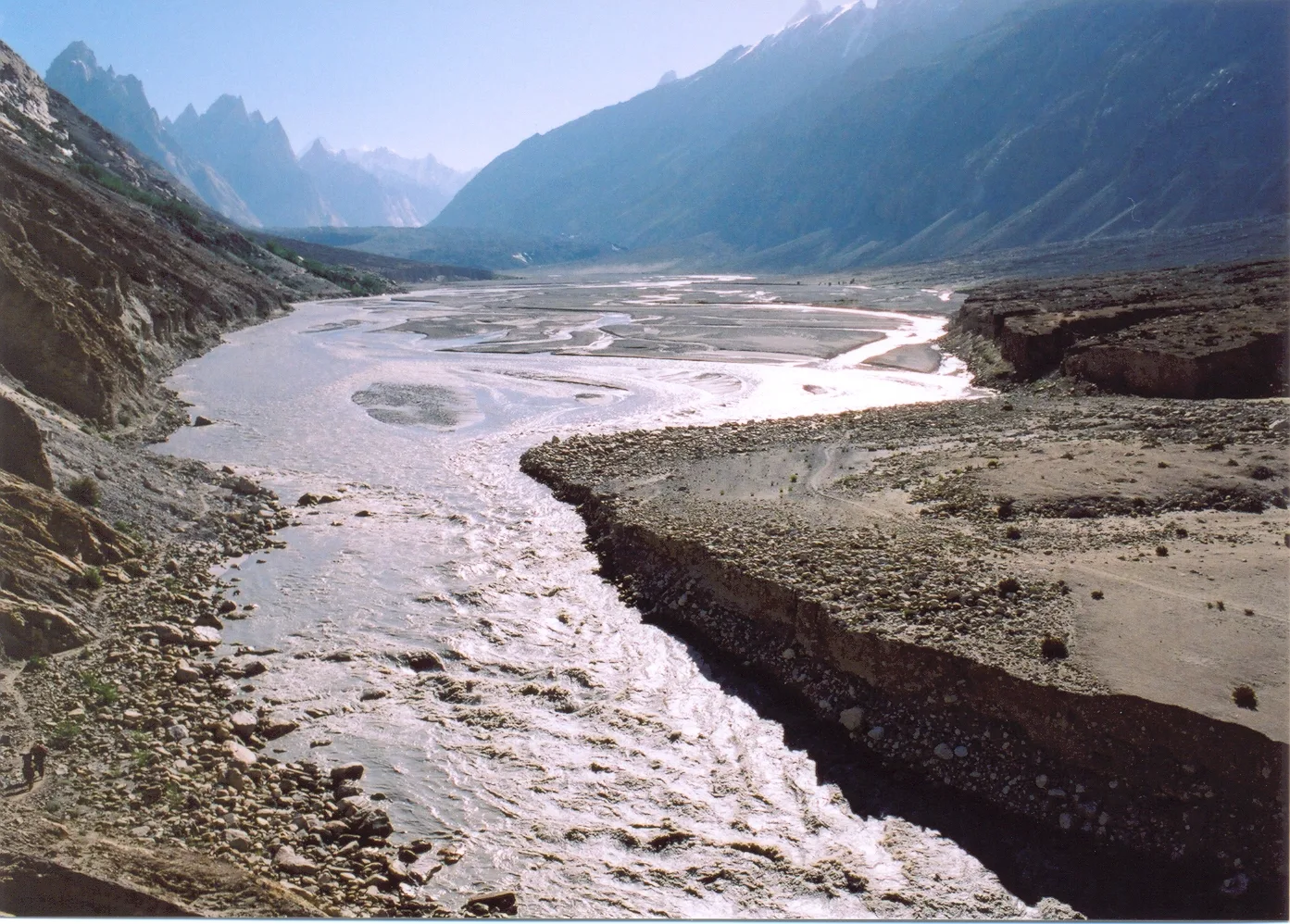 The braided Braldu River valley on the trekking approach from Askole toward the Baltoro Glacier