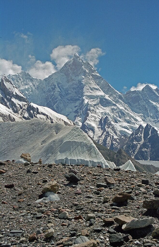 Masherbrum (7,821 m) rising above the Hushe Valley region of the Karakoram, Gilgit-Baltistan