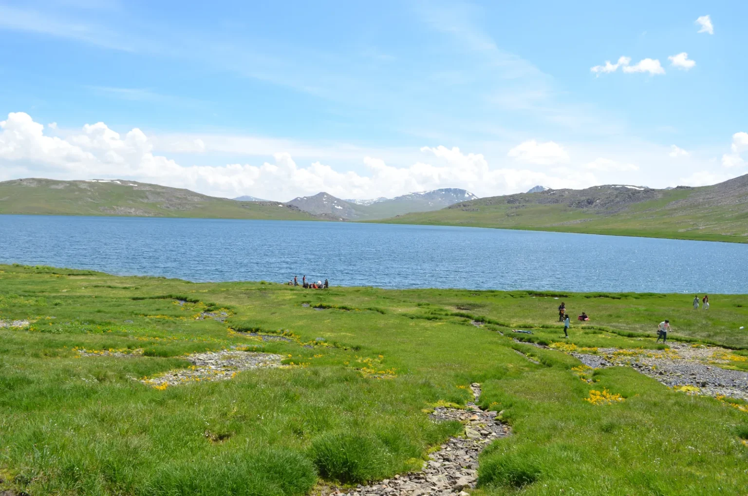 Deep blue Sheosar Lake ringed by green meadows and snow-streaked ridges at 4,250 m