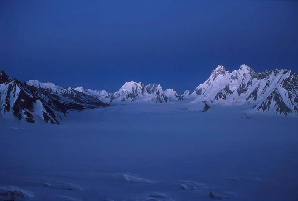 Snow Lake (Lukpe Lawo), the vast snow basin at the head of the Biafo Glacier in the Karakoram, under twilight