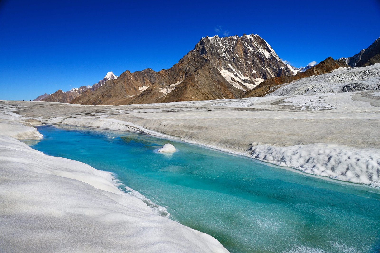 A glacial meltwater stream running across the Hispar Glacier, Karakoram