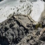 Aerial view of Kharpocho Fort perched on a rocky spur above Skardu town and the Indus River