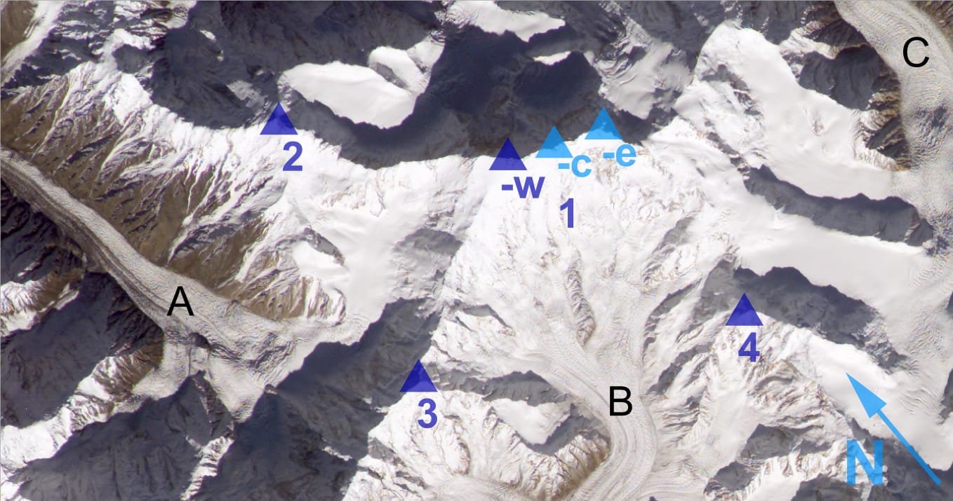 Distaghil Sar 7885 m and its three summits seen from space above the Hispar Muztagh