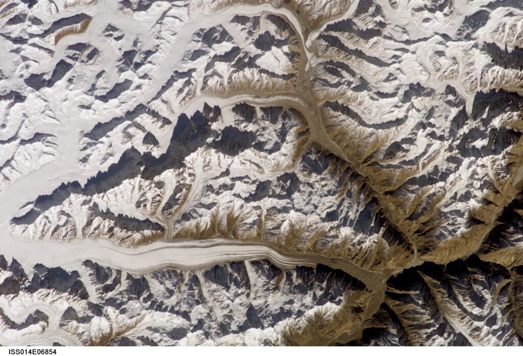 Satellite view of Baintha Brakk and the Latok peaks above the Biafo Glacier in the Karakoram