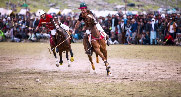Horsemen playing freestyle polo at the Shandur Polo Ground during the Shandur Festival