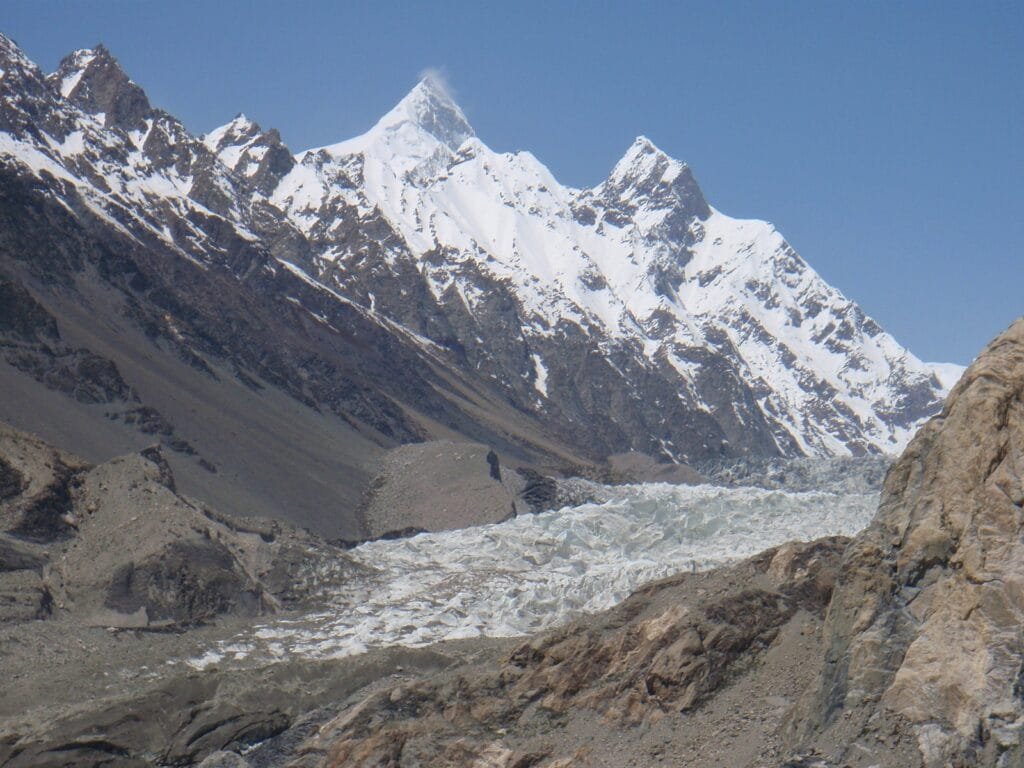 Shispare peak rising above the Passu Glacier in Upper Hunza, Pakistan
