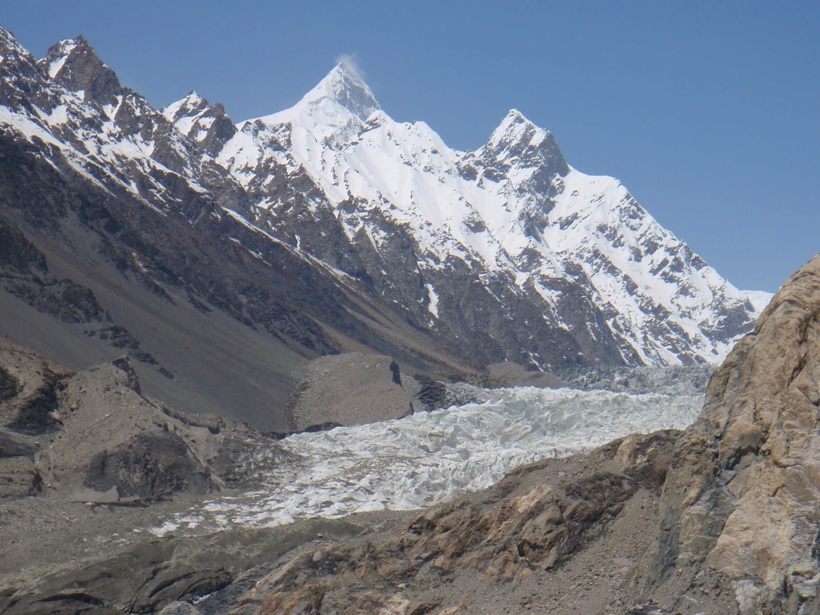 Shispare peak rising above the Passu Glacier in Upper Hunza, Pakistan