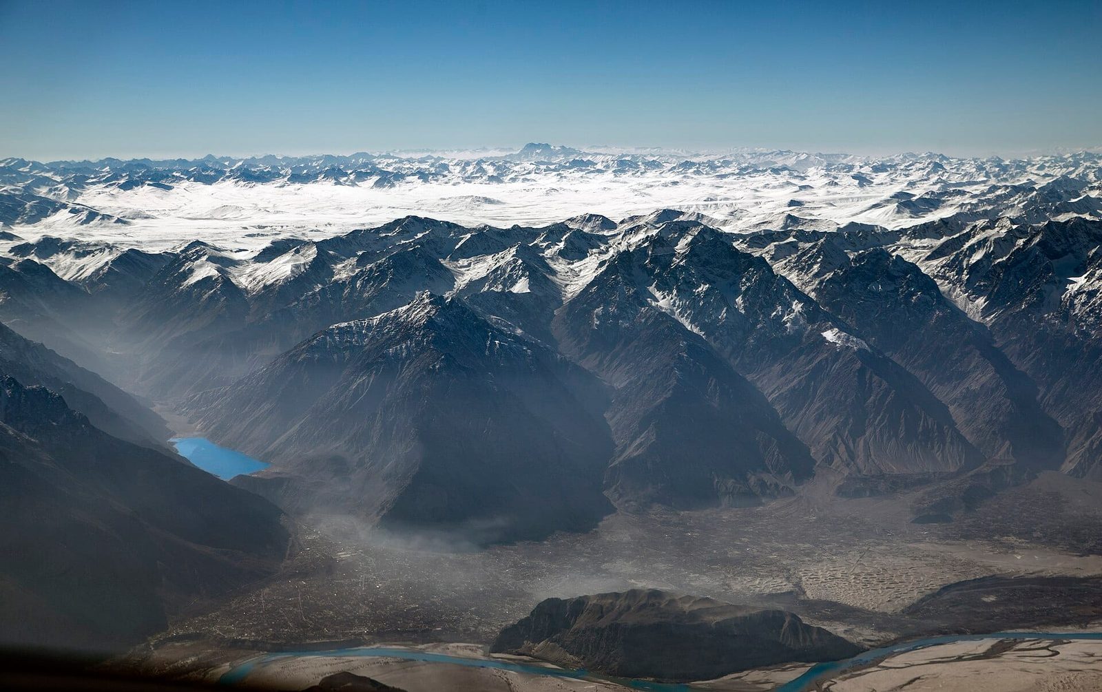 Aerial view of Skardu city, the Indus River, Satpara Lake and the Deosai plateau, Gilgit-Baltistan, Pakistan