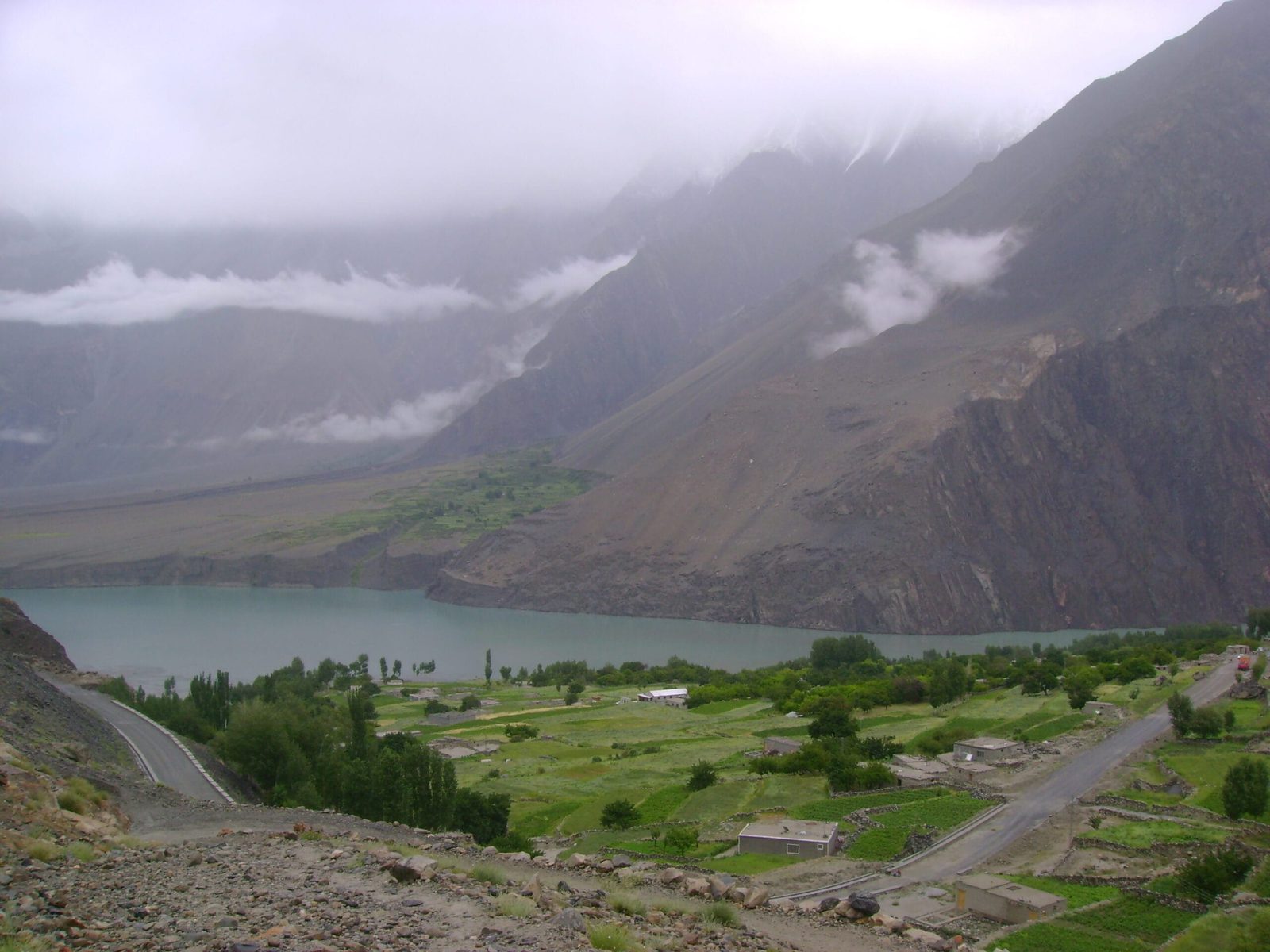High viewpoint looking down over the length of Attabad Lake in Upper Hunza