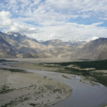Aerial view of the Indus River winding through the wide Skardu valley