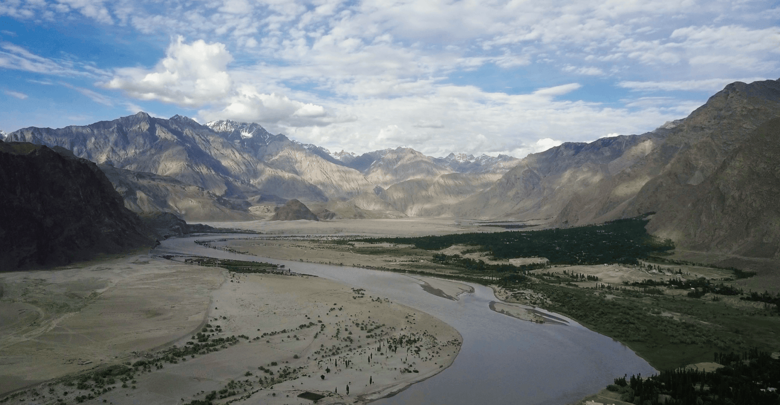 Aerial view of the Indus River winding through the wide Skardu valley