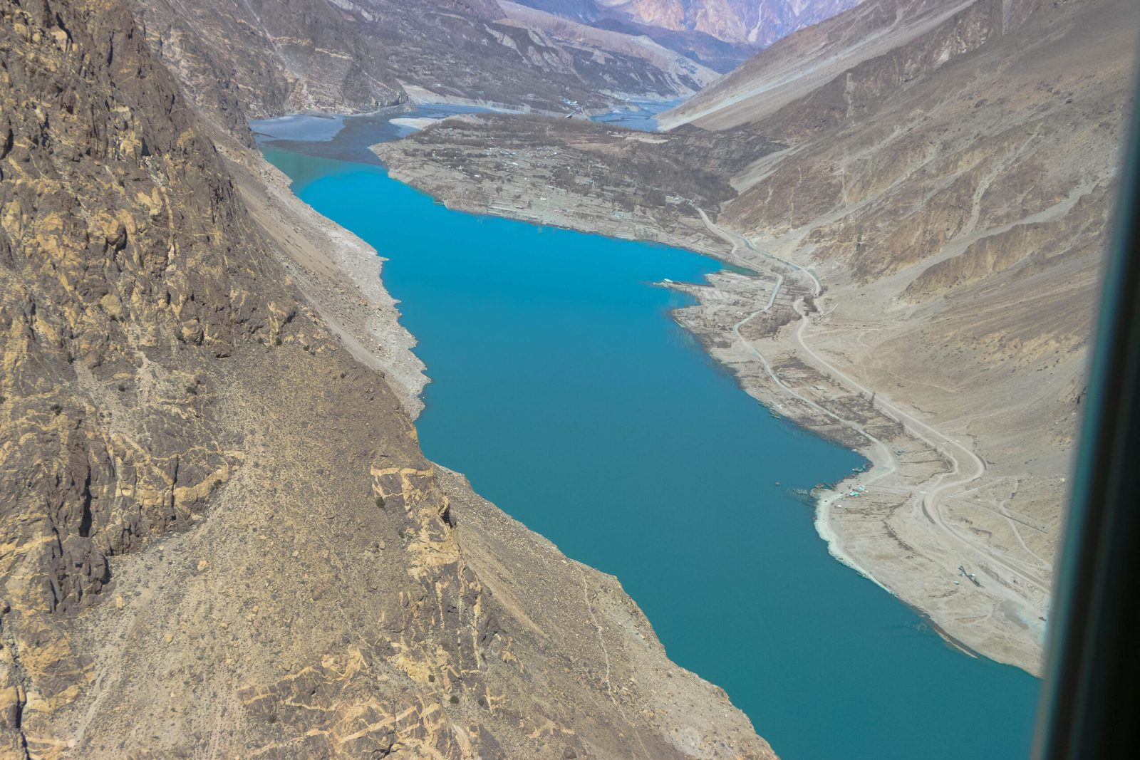 Aerial view of the turquoise Attabad Lake in Hunza Valley, Pakistan