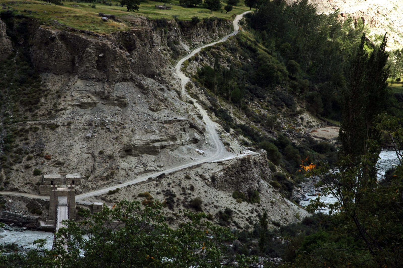 A cable suspension bridge over the Bagrot river at Hopay village, Gilgit-Baltistan