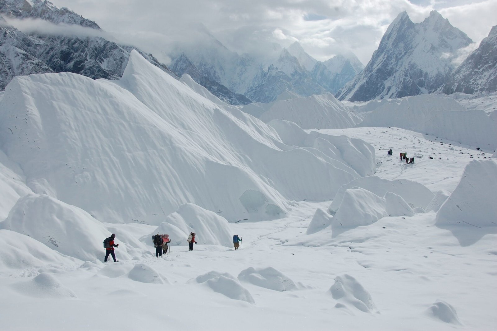 The Baltoro Glacier looking towards Mitre Peak with the Gasherbrum group in mist
