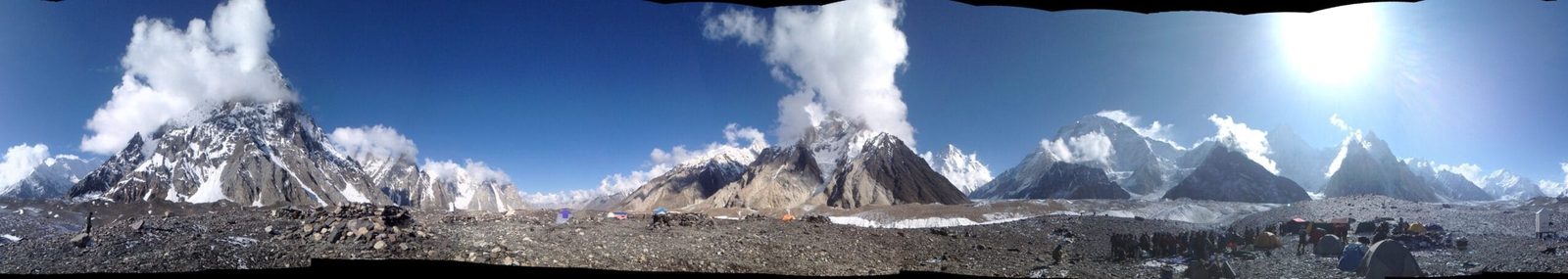 Panorama of Concordia on the Baltoro Glacier, the junction with the Godwin-Austen Glacier