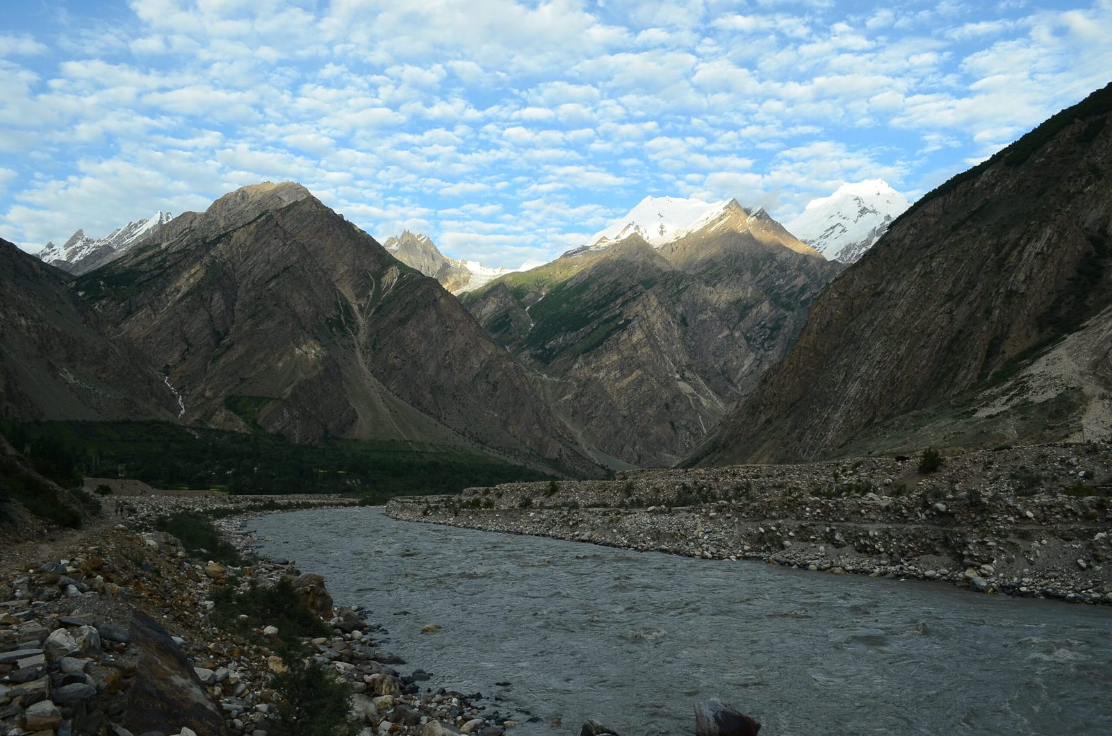 Snow-covered Ganchen peak above Bisil village in the Basha Valley, Shigar