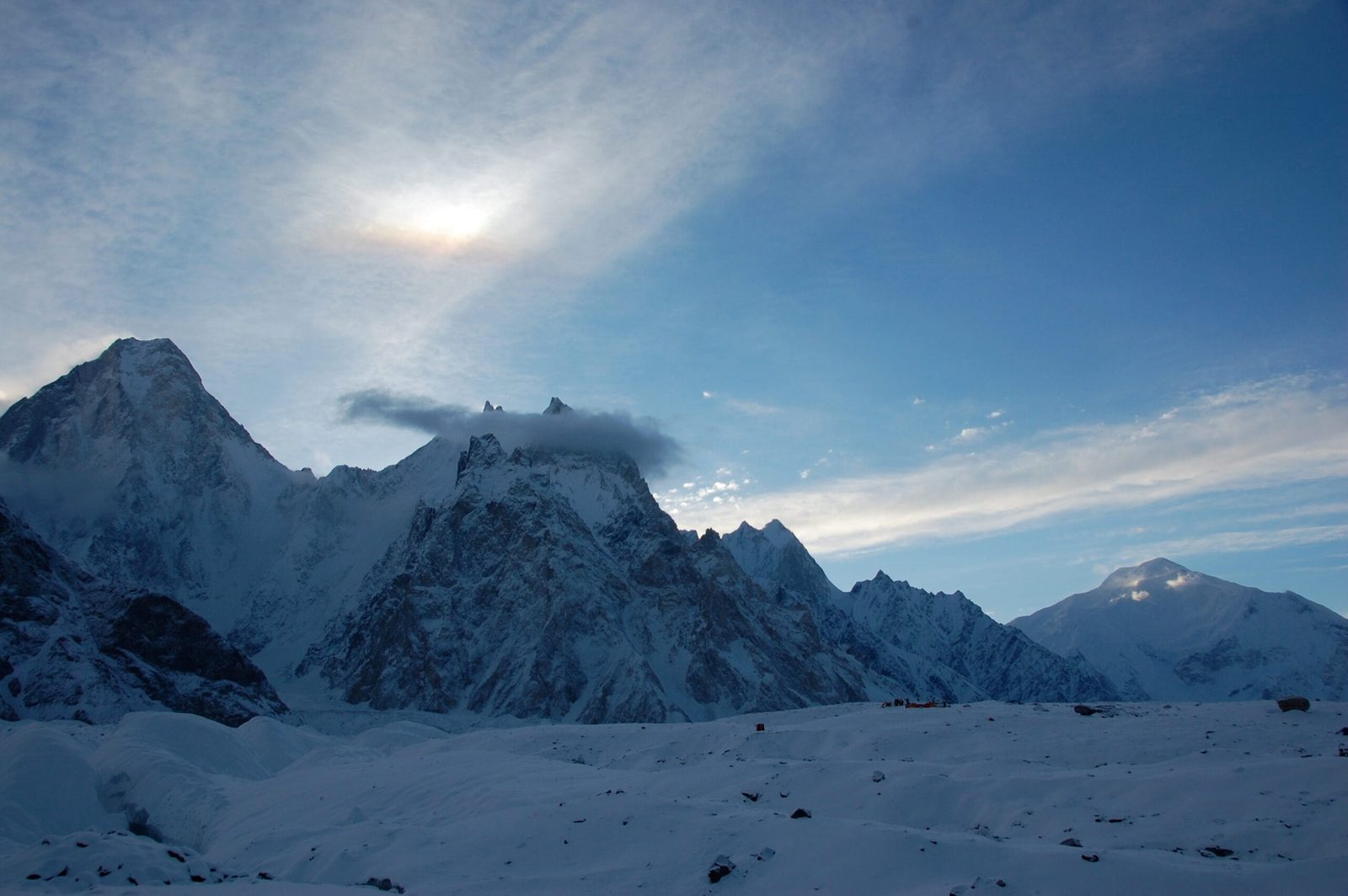 Gasherbrum IV, VII and VI rising above the Baltoro Glacier, Karakoram, Pakistan