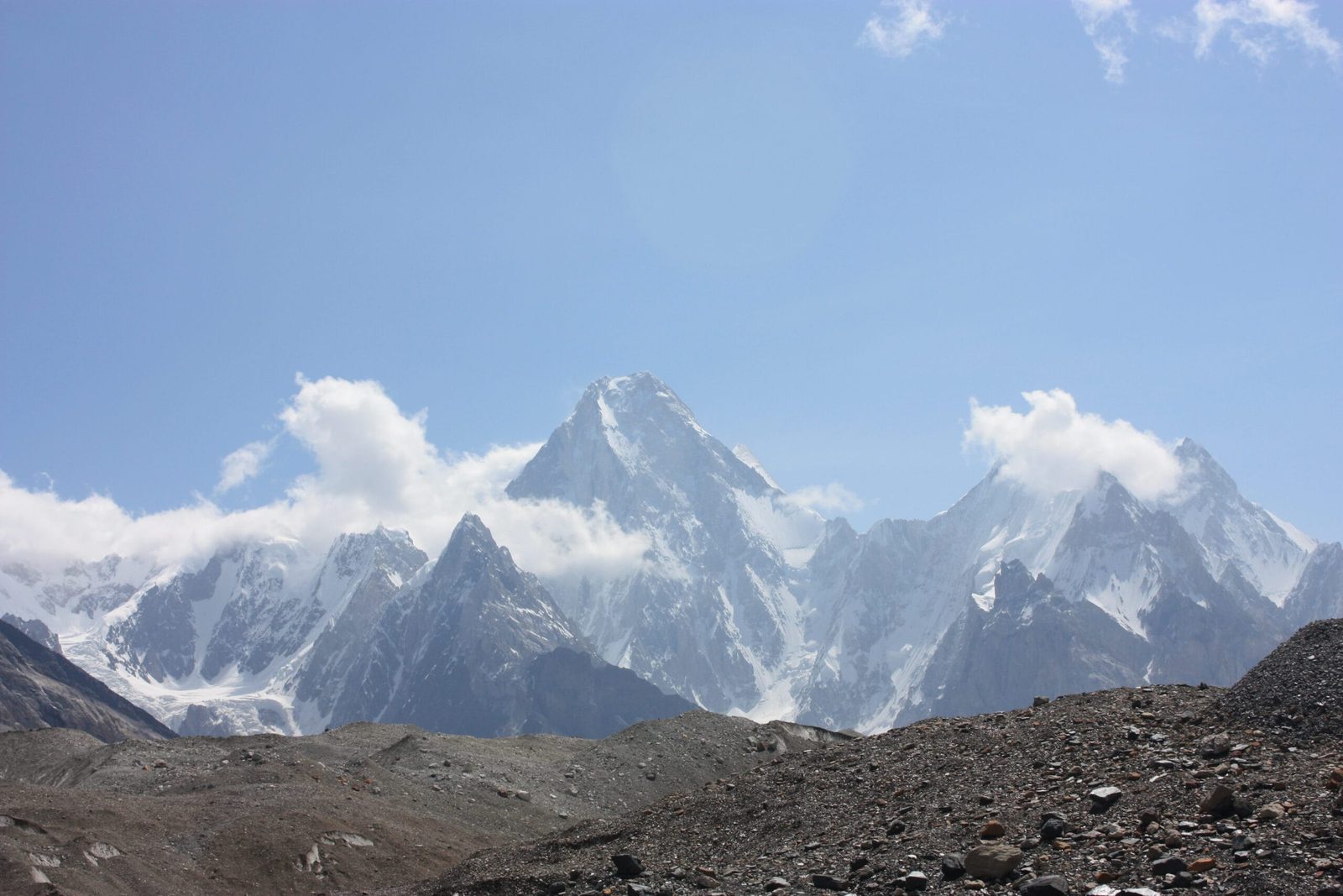 Gasherbrum IV in the centre and Gasherbrum V on the right, seen in the Karakoram, Pakistan