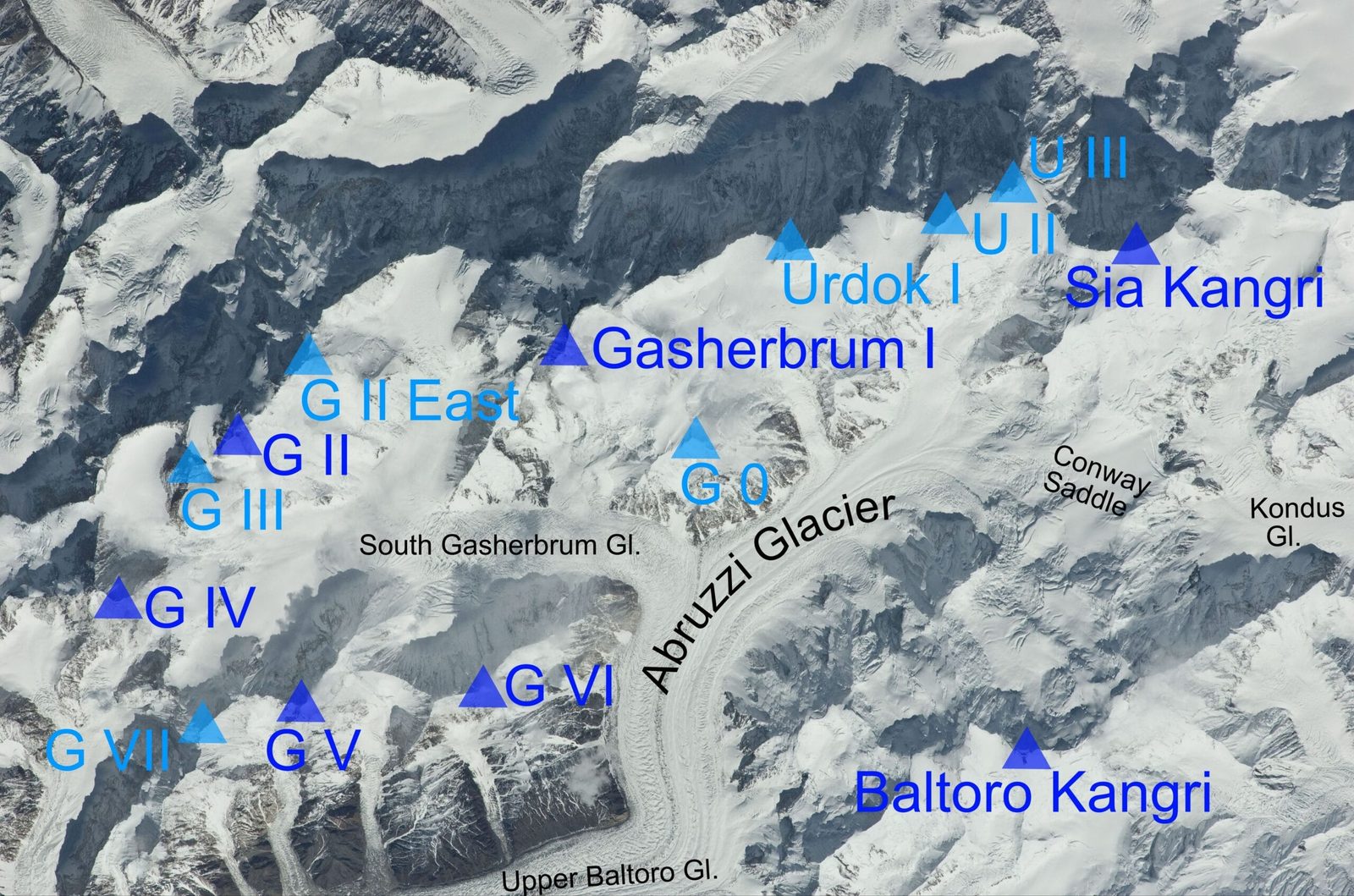 Satellite view of the Gasherbrum group with summits and glaciers labelled