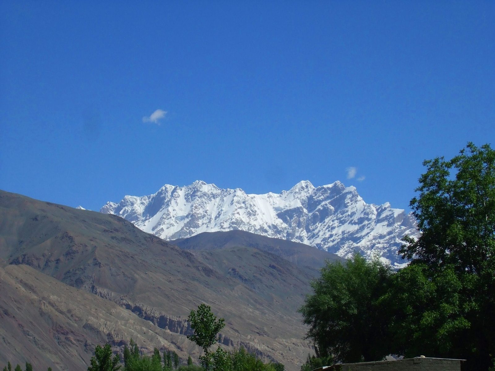 Snow-covered Ghamubar Zom peak above Yasin Valley in the Hindu Raj range