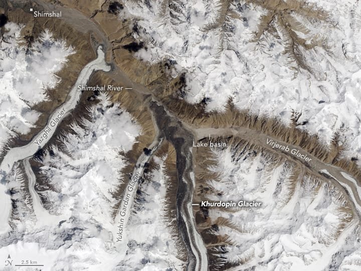 Satellite view of the Shimshal Valley glacier system including the Yazghil Glacier