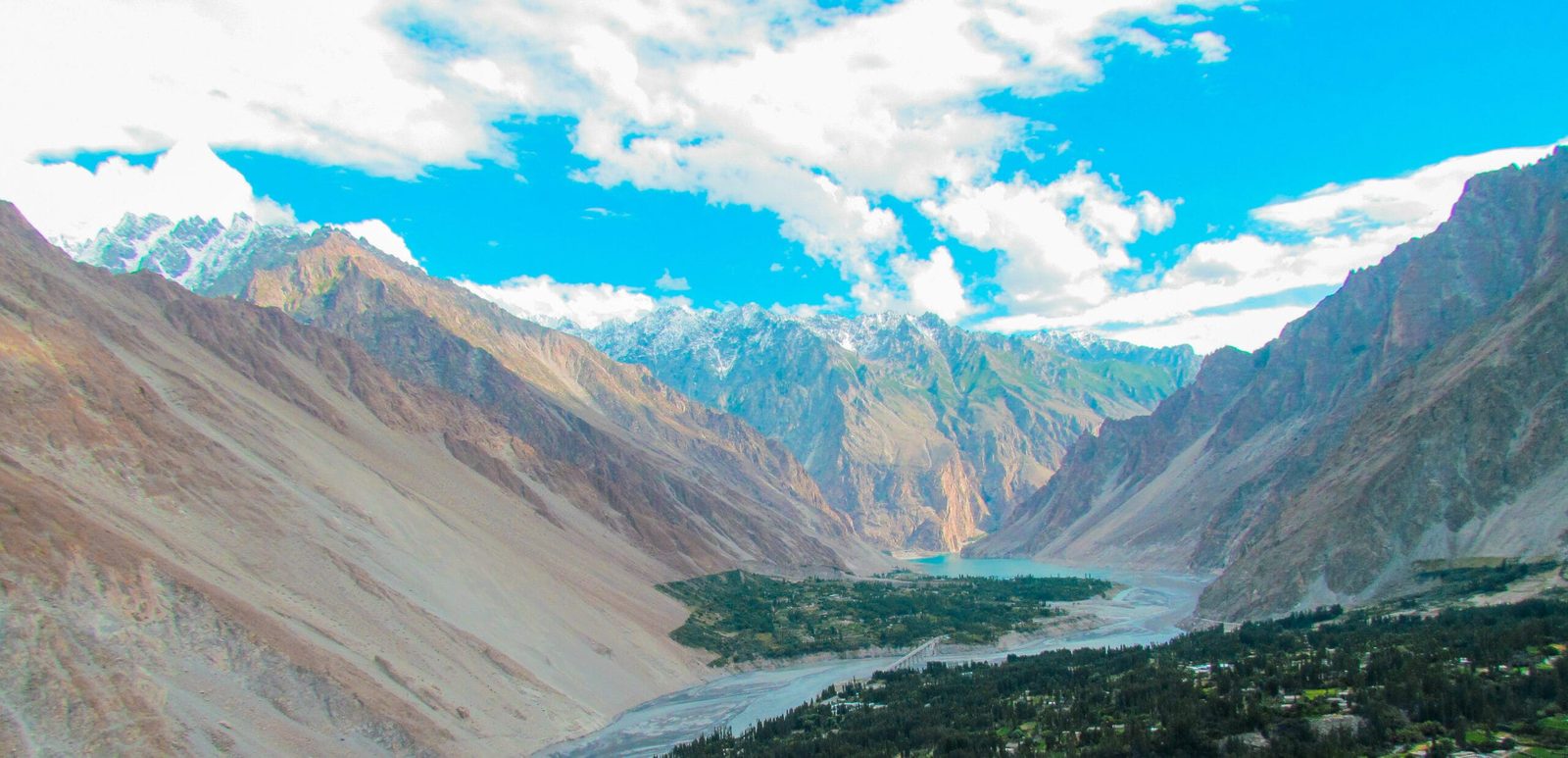 Gulmit village and terraced fields above the upper end of Attabad Lake in Gojal