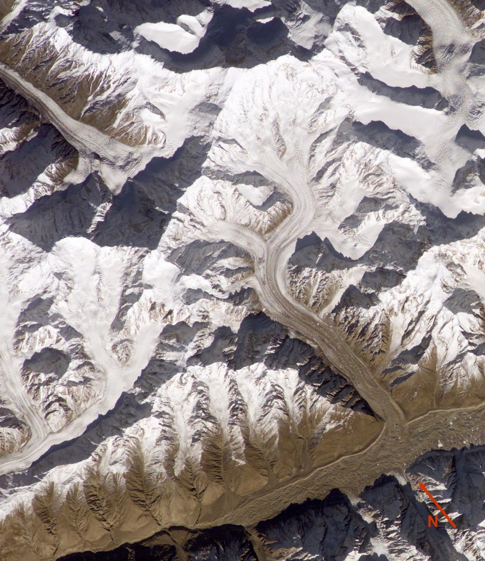 Satellite view of the western Hispar Muztagh showing Trivor and Distaghil Sar