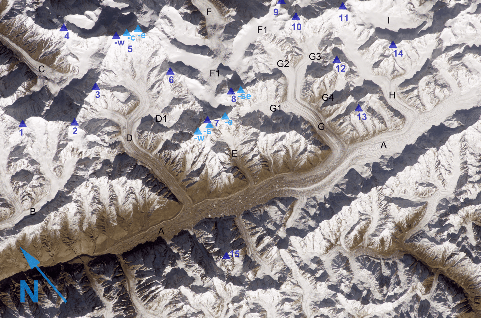 Labelled satellite image of the Hispar Muztagh showing Distaghil Sar, Kanjut Sar and neighbouring peaks