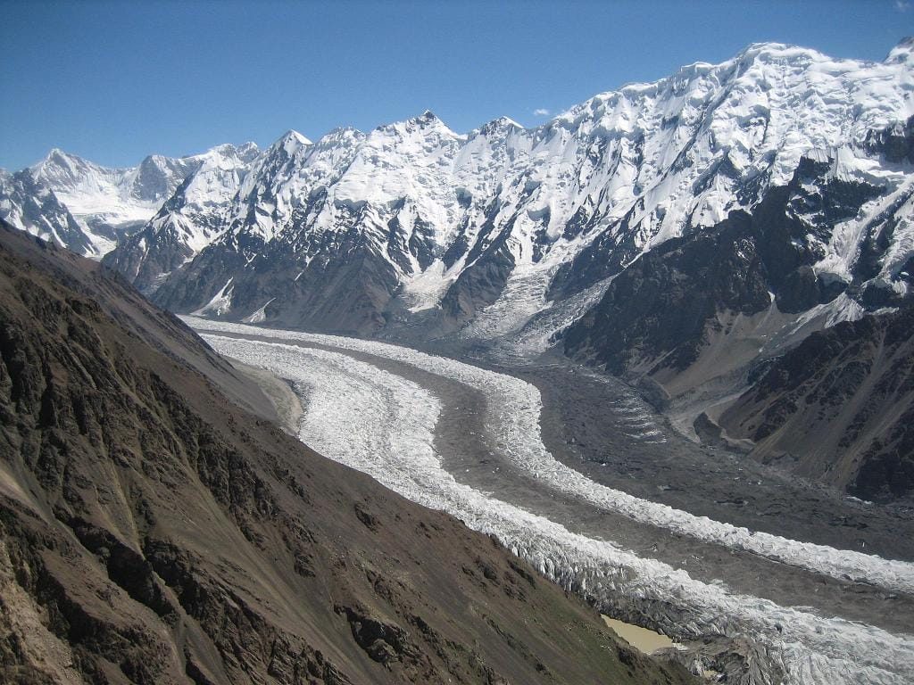 Khurdopin Glacier and the northeast face of Kanjut Sar in the Hispar Muztagh, Karakoram