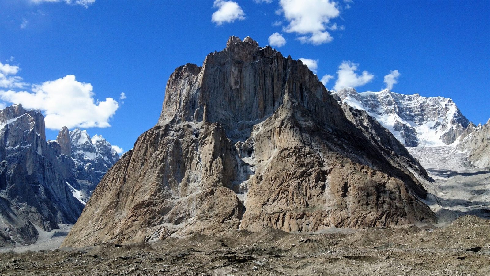 The Cathedral rock spires seen from Urdukas above the Baltoro Glacier, Karakoram