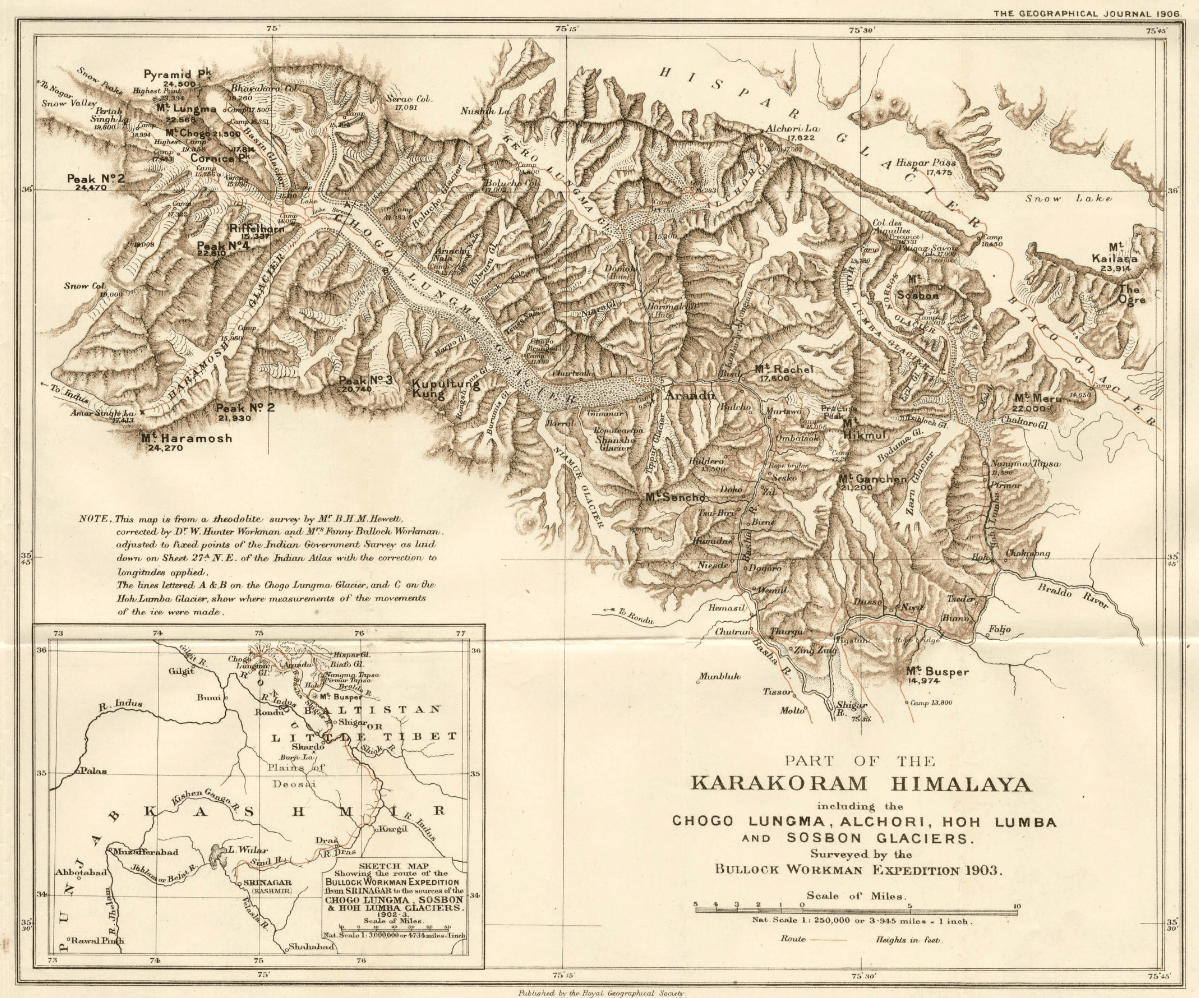 Hand-drawn 1903 survey map of the Chogo Lungma Glacier and surrounding peaks by the Workman expedition