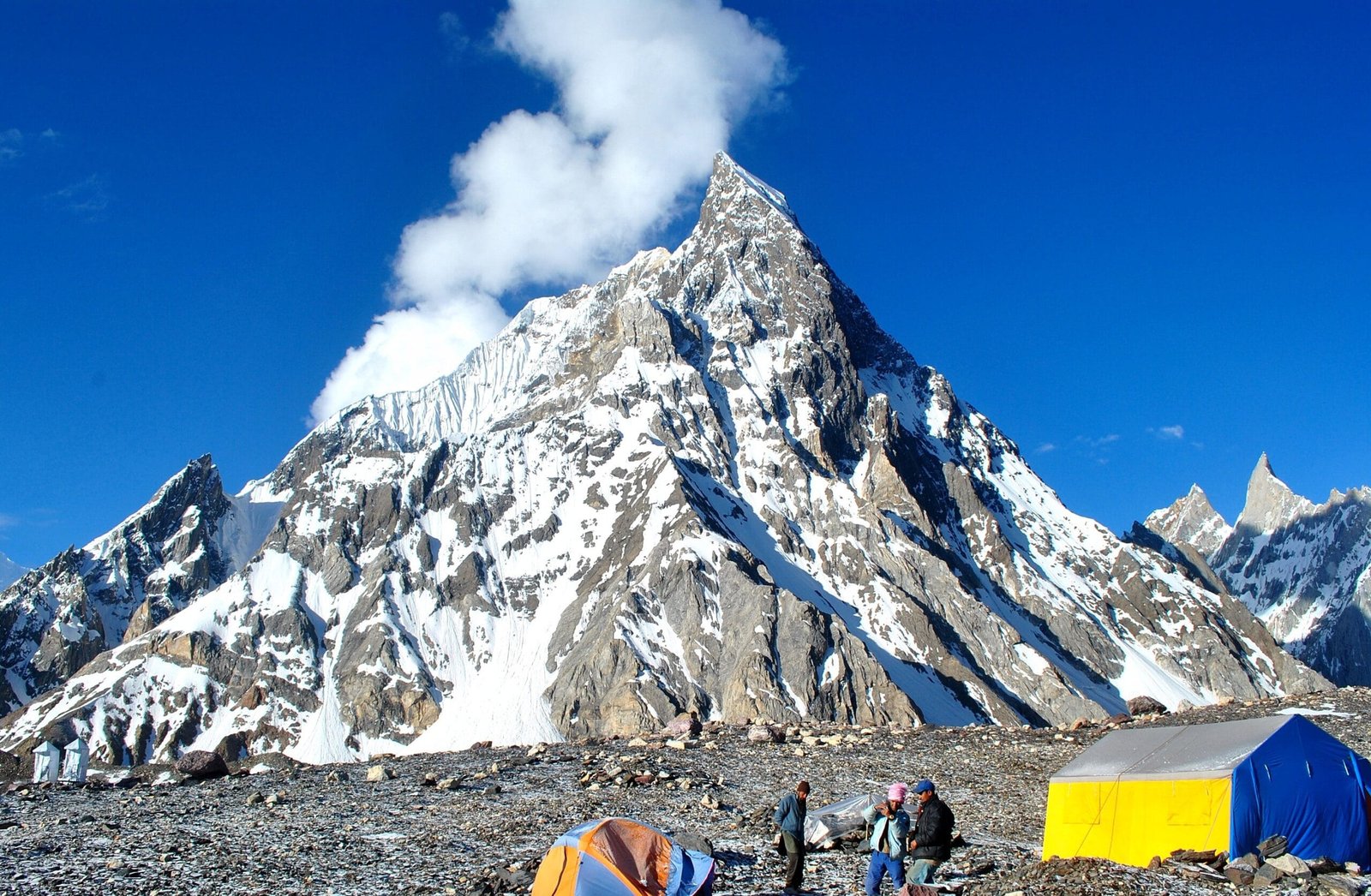 Trekking tents pitched at Concordia camp in front of Mitre Peak