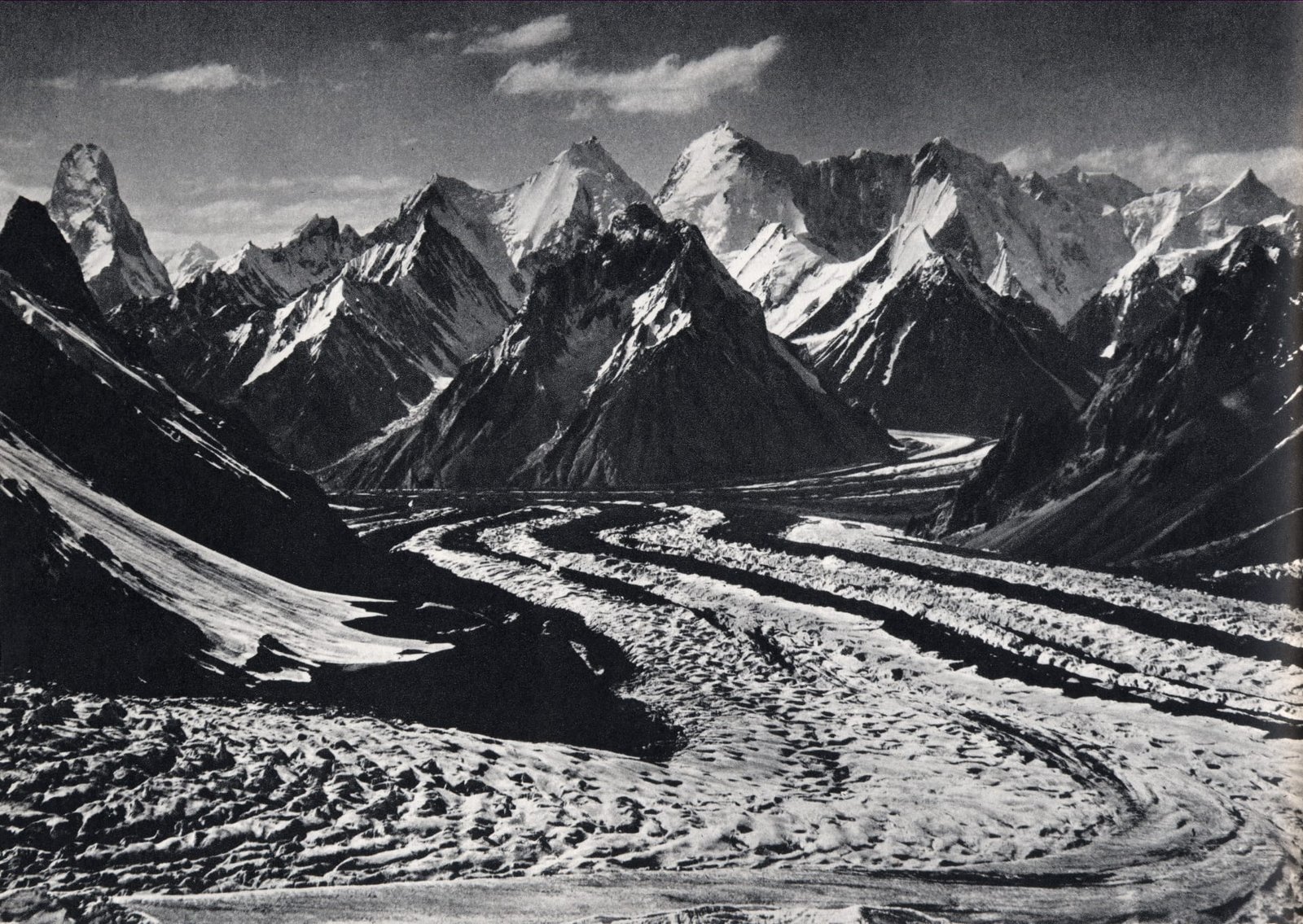 The Muztagh Tower and Skil Brum photographed by Vittorio Sella during the 1909 Duke of the Abruzzi expedition