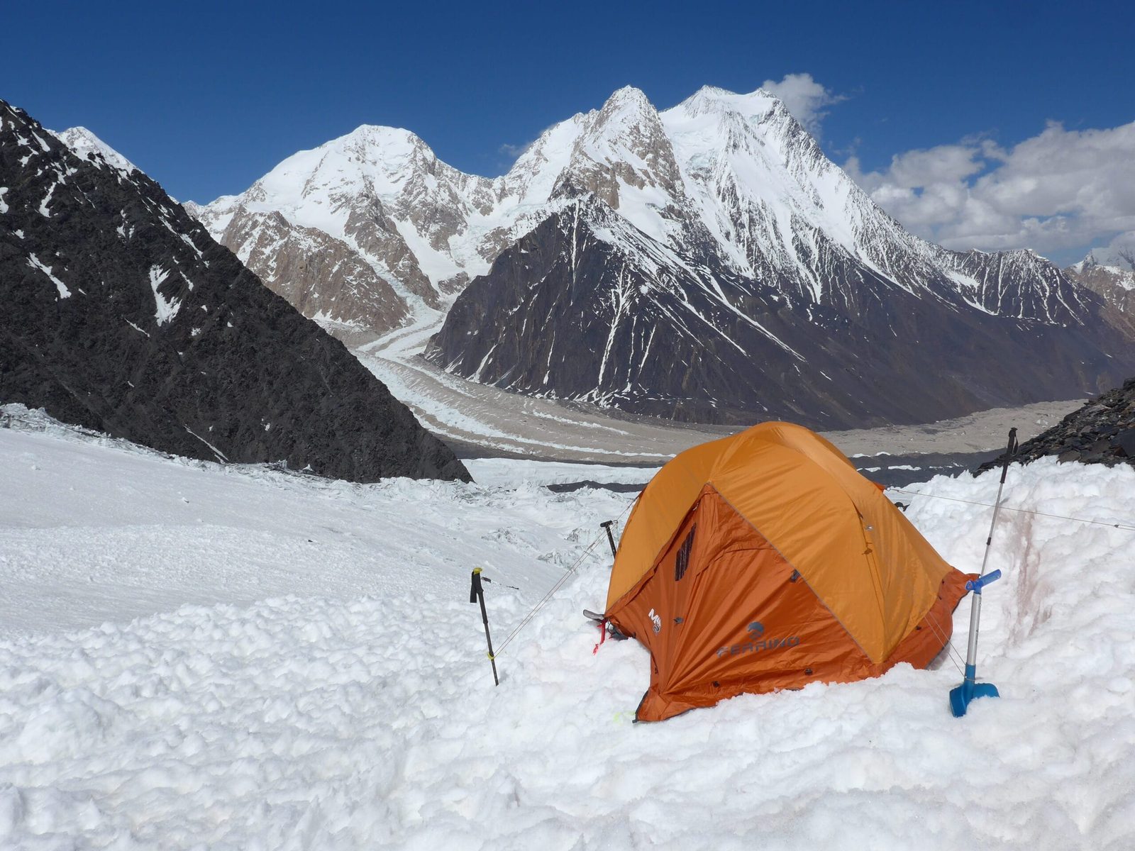 Tents on the upper Tirich Glacier below Tirich Mir, Chitral
