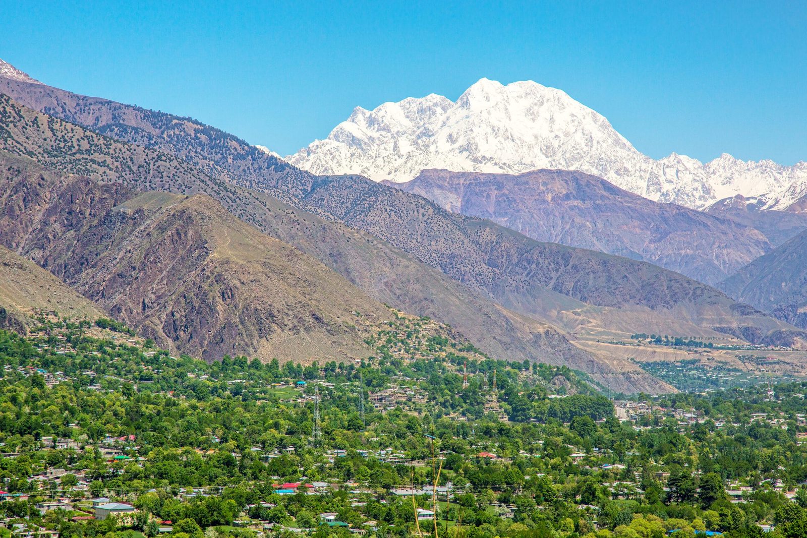 Tirich Mir, 7,708 m, highest peak of the Hindu Kush, seen from Chitral in Pakistan