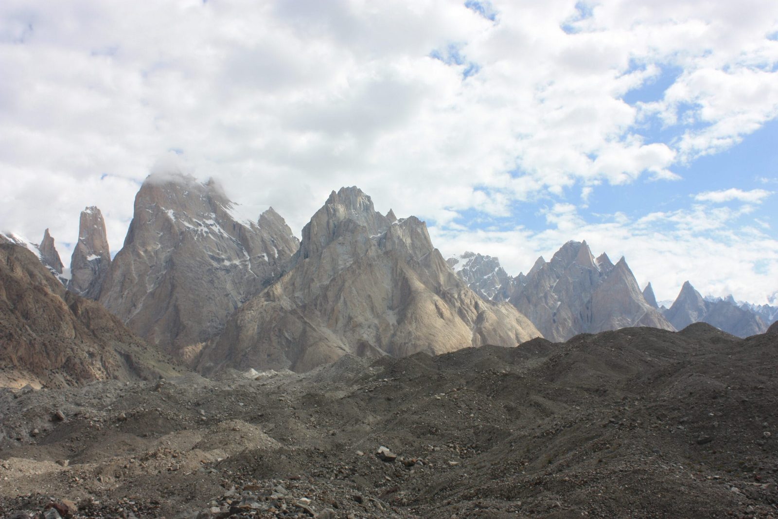 The Trango Towers and Cathedral spires rising above the Baltoro Glacier, Gilgit-Baltistan