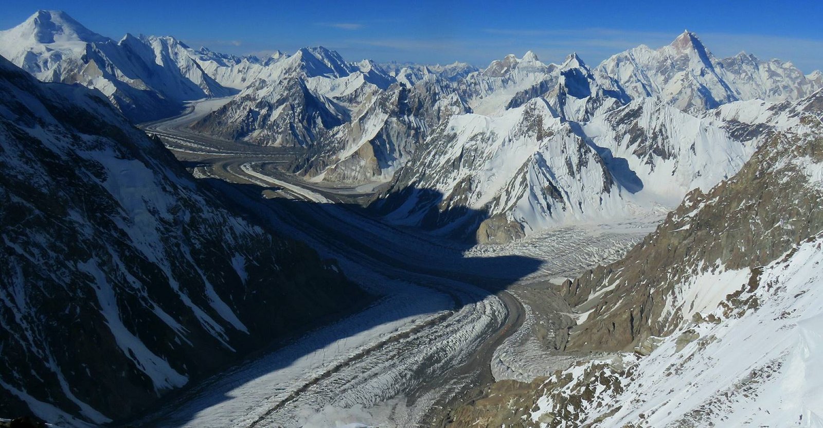 Looking down the Godwin-Austen Glacier from high on K2, the corridor between K2 Base Camp and the frontier ridge