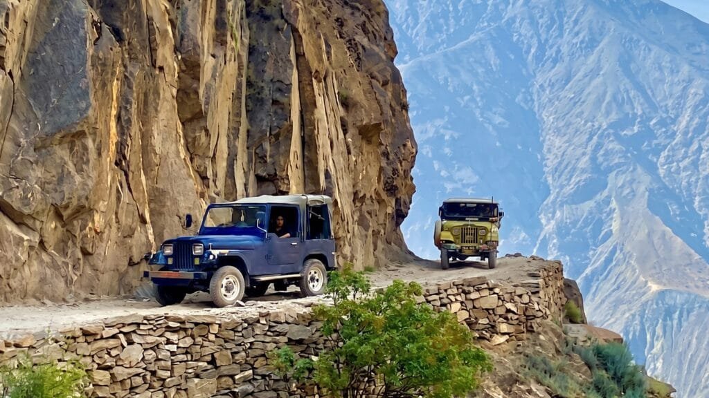 Jeeps on the Raikot cliff track to Fairy Meadows, Nanga Parbat