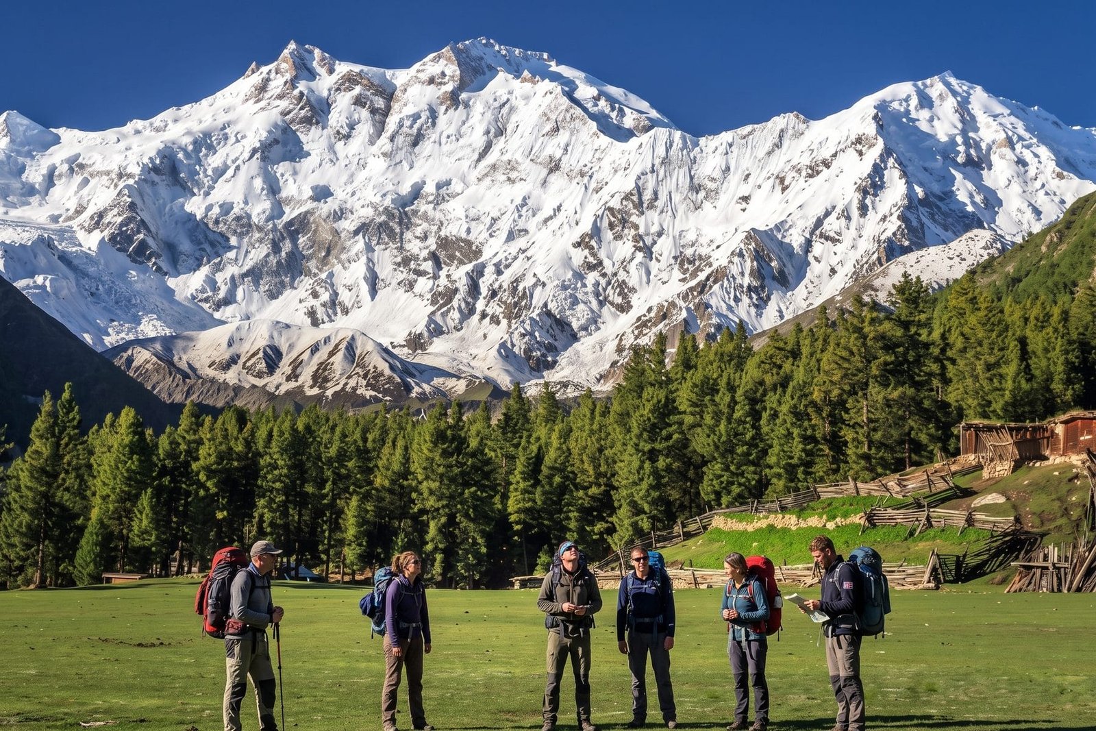 Guided group on Fairy Meadows beneath the 8,126 m Nanga Parbat massif
